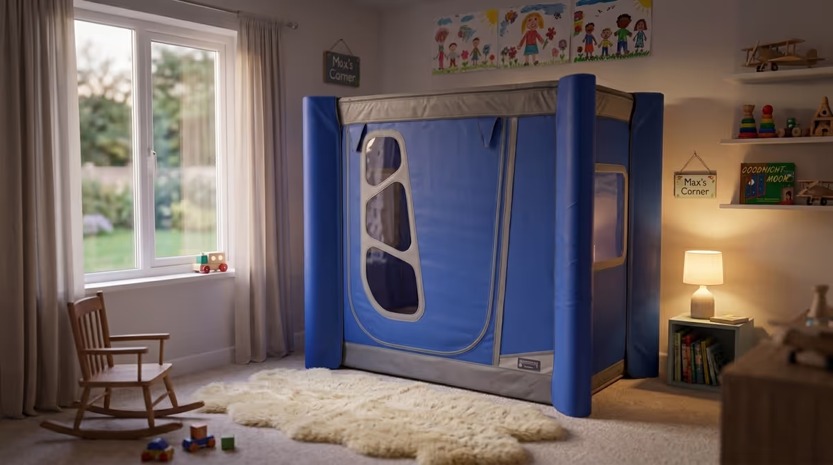 Safe and Sound Pod in blue with the entry panel unzipped and open