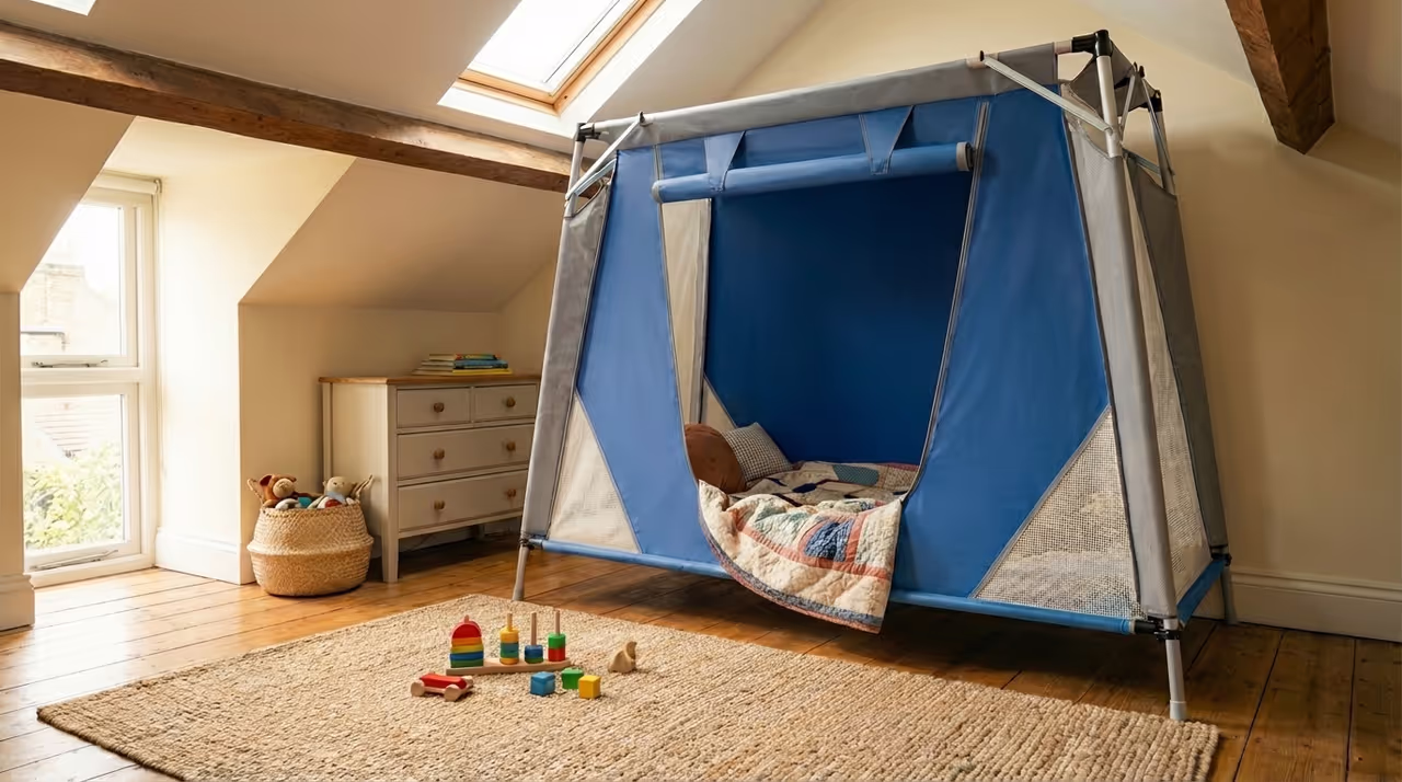 A Creative Care Travel Pod set up in a bright attic bedroom