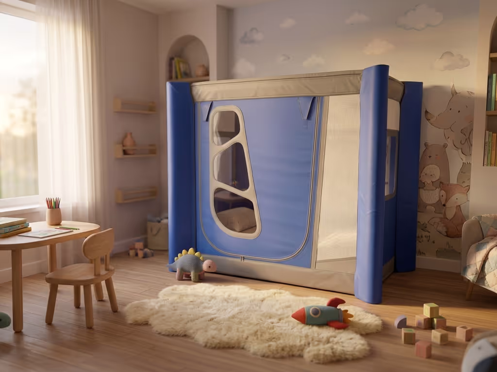 Safe and Sound Pod in blue with porthole-style viewing windows